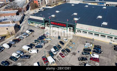 A drone / aerial view of Menards, a Midwestern large home improvement store chain that's based out of Wisconsin and has been family-owned since 1958. Stock Photo