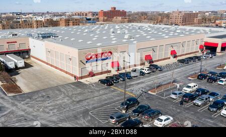 A drone / aerial view of a Costco store, one of the largest wholesale, membership only stores in the United States. Stock Photo