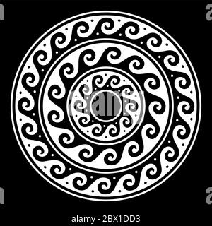 Greek vector mandala, Ancient round meander art in white on black background Stock Vector