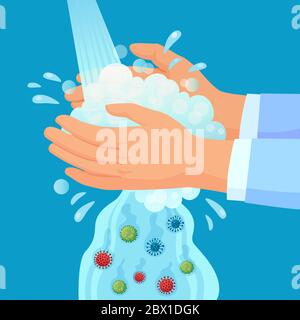 Hand washing. Personal hygiene propaganda, washing hands with soap under faucet with germs falling down. Covid virus prevention vector concept Stock Vector