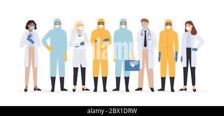 Medical workers. Professional doctors and nurses in protective suits standing together. Covid 19 virus outbreak pandemic vector concept Stock Vector
