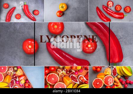 Collage of lycopene red carotenoid pigment in various food, Fruits and vegetables containing lycopene. Healthy vegan food rich in fibre, antioxidants Stock Photo