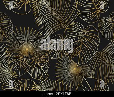 Seamless pattern of exotic jungle tropical golden palm leaves on black background - Vector illustration Stock Vector