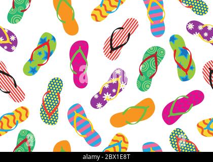 Seamless pattern of colorful flip flops set isolated on white background - Vector illustration Stock Vector