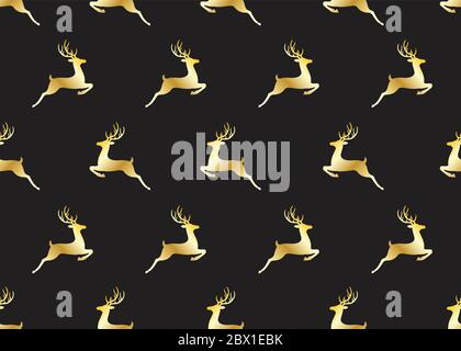 Seamless pattern of golden christmas deers on black background - Vector illustration Stock Vector