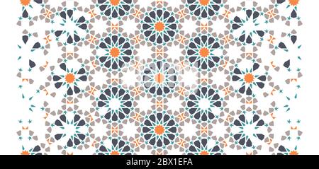 Morocco color wallpaper with geometric flowers. Arabesque vector wallpapers. Geometric rich border pattern with golden arabesque disintegration Stock Vector