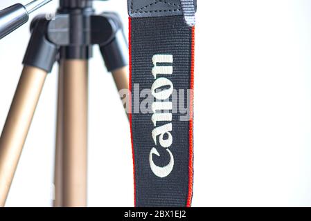 BERLIN - JUN 4: Close-up Canon camera belt or strap with Canon logotype in Berlin on June 04. 2020 in Germany Stock Photo