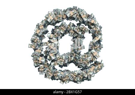 E-mail, at sign from dollar packs coins, 3D rendering isolated on white background Stock Photo