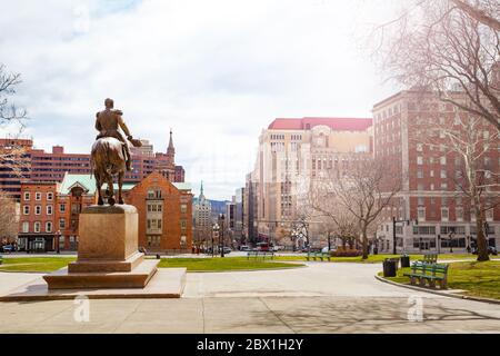 East Capitol Park and statue of General Philip Sheridan from back towards state street, Albany, USA Stock Photo