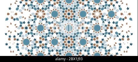 Morocco color wallpaper with geometric flowers. Arabesque vector wallpapers. Geometric rich border pattern with golden arabesque disintegration Stock Vector