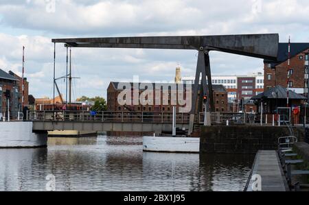Gloucester, United Kingdom - September 08 2019:  The Llanthony Cantilever Bridge at the entrance to Gloucester Quays Stock Photo