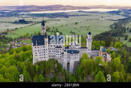 Neuschwanstein Castle, behind the Forggensee, near Schwangau, drone shot, East Allgaeu, Allgaeu, Swabia, Bavaria, Germany Stock Photo