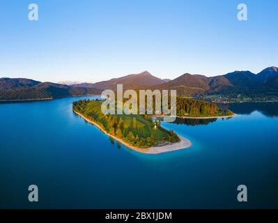 Walchensee with peninsula dwarfs in the morning light, Simetsberg, drone image, Upper Bavaria, Bavaria, Germany Stock Photo