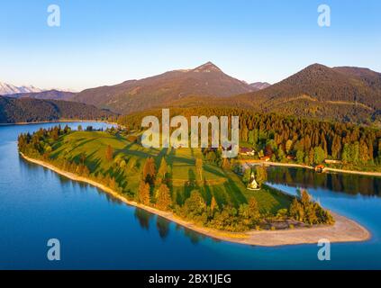 Walchensee with peninsula dwarfs in the morning light, Simetsberg, drone image, Upper Bavaria, Bavaria, Germany Stock Photo