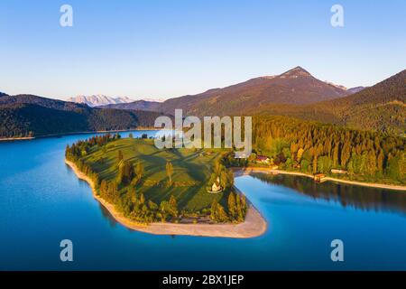 Walchensee with peninsula dwarfs in the morning light, Simetsberg, drone image, Upper Bavaria, Bavaria, Germany Stock Photo