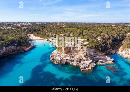 Cala Llombards and Calo des Macs bays, near Santanyi, Migjorn region, drone shot, Majorca, Balearic Islands, Spain Stock Photo