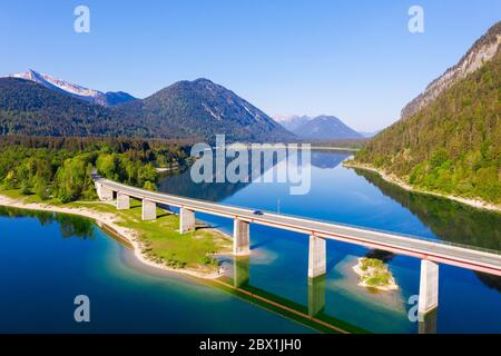 Panorama from the Sylvenstein lake, Faller gorge bridge, Karwendel mountains, near Lenggries, Isarwinkel, drone picture, Upper Bavaria, Bavaria Stock Photo