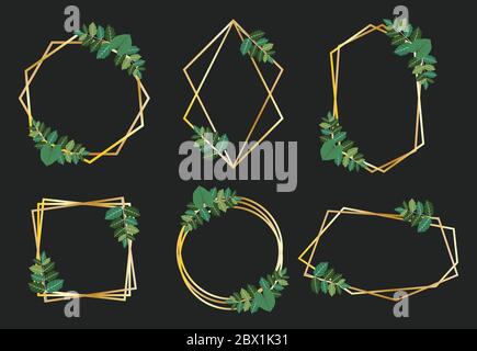 Collection of golden frames with green leaves design vector set Stock Vector