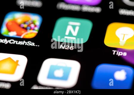 N26 Bank App, App Icons on a mobile phone display, iPhone, Smartphone, close-up Stock Photo