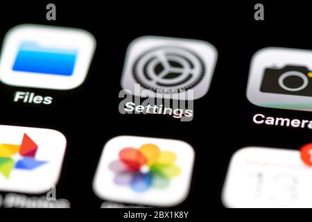 Settings, App Icons on a mobile phone display, iPhone, Smartphone, close-up Stock Photo