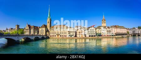 City panorama, Fraumuenster church, cathedral bridge and river Limmat, Zurich old town, Zurich, Canton of Zurich, Switzerland Stock Photo