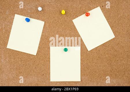 Blank papers pin up on cork board. Stock Photo