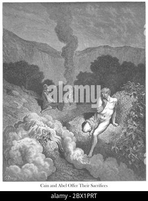 Cain and Abel Offering Their Sacrifices Genesis 4:3-5 From the book 'Bible Gallery' Illustrated by Gustave Dore with Memoir of Doré and Descriptive Letter-press by Talbot W. Chambers D.D. Published by Cassell & Company Limited in London and simultaneously by Mame in Tours, France in 1866 Stock Photo