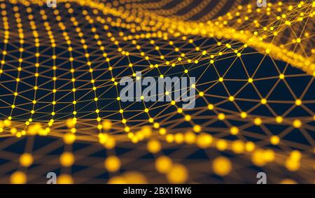 Blockchain network , Machine learning , deep learning and neural networks concept. Yellow Distributed connection atom with black background , 3d rende Stock Photo