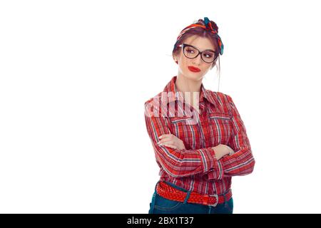 Woman having skeptical and dissatisfied look expressing Distrust, skepticism and doubt. Closeup portrait of a beautiful girl in red checkered shirt, j Stock Photo