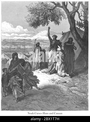 Noah Cursing Canaan or Noah Curses Ham and Canaan Genesis 9:24-25 From the book 'Bible Gallery' Illustrated by Gustave Dore with Memoir of Doré and Descriptive Letter-press by Talbot W. Chambers D.D. Published by Cassell & Company Limited in London and simultaneously by Mame in Tours, France in 1866 Stock Photo