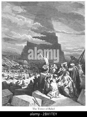 The Confusion of Tongues or The Tower of Babel Genesis 11:6-8 From the book 'Bible Gallery' Illustrated by Gustave Dore with Memoir of Doré and Descriptive Letter-press by Talbot W. Chambers D.D. Published by Cassell & Company Limited in London and simultaneously by Mame in Tours, France in 1866 Stock Photo