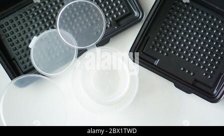 Empty plastic containers for sushi set delivery. Take away lunch box Stock Photo
