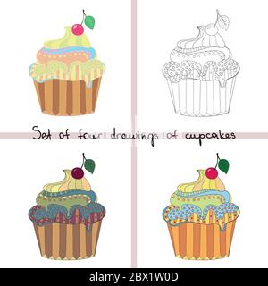 set of colored cupcakes in the style of Doodle, vector Stock Vector