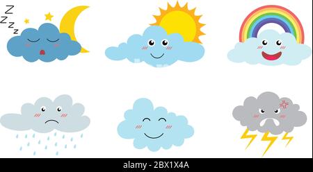 Collection of cute cloud cartoon emojis icon set with different expressions isolated on white background - Vector illustration Stock Vector