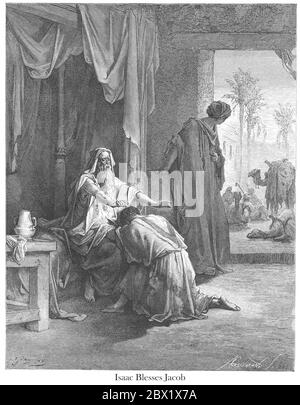 Isaac Blessing Jacob Genesis 27:29 From the book 'Bible Gallery' Illustrated by Gustave Dore with Memoir of Doré and Descriptive Letter-press by Talbot W. Chambers D.D. Published by Cassell & Company Limited in London and simultaneously by Mame in Tours, France in 1866 Stock Photo