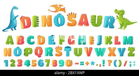 Cartoon dino font. Dinosaur alphabet letters and numbers, funny dinos letter signs for nursery or kindergarten kids vector illustration set Stock Vector