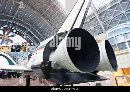 Exhibition VDNH, Space pavilion, MOSCOW, RUSSIA - Jan 07, 2019: Space Shuttle Reusable in exhibition Stock Photo