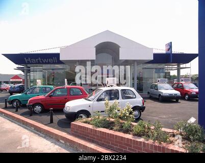 1995, Nissan Car dealership at Manchester, north west England, UK Stock Photo