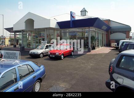 1995, Nissan Car dealership at Manchester, north west England, UK Stock Photo