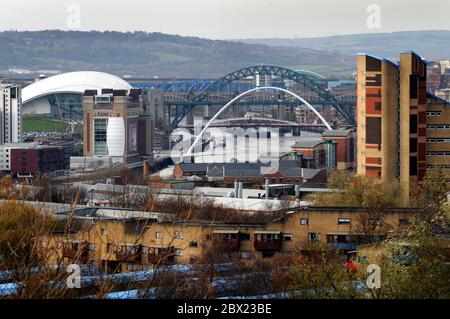 A view from The Byker Wall, Newcastle upon Tyne showing The Byker Wall, The Sage, The Baltic, The Millennium Bridge, The Tyne Bridge; The Swing Bridge Stock Photo