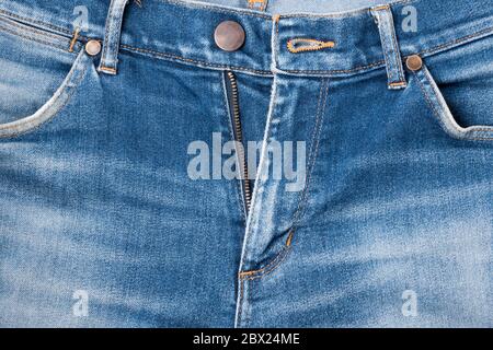 Close up of blue jeans pants, denim jeans background. Stock Photo