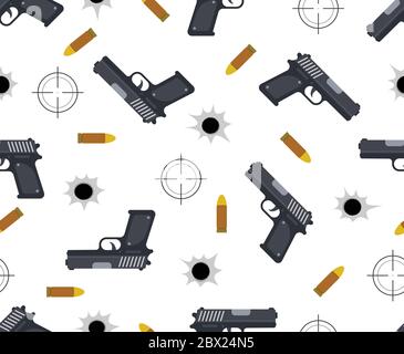 Seamless pattern of gun with bullet and bullet holes on white background - Vector illustration Stock Vector