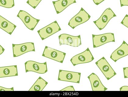 Seamless pattern of paper money dollars falling down isolated on white background Stock Vector
