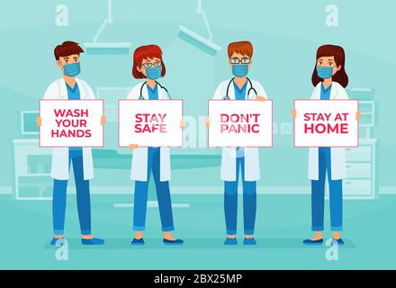Doctors holding banners with text stay safe Stock Vector
