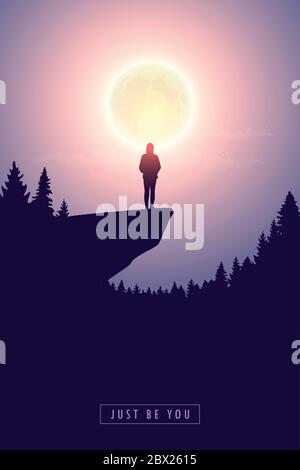 lonely girl silhouette on a cliff by full moon vector illustration EPS10 Stock Vector