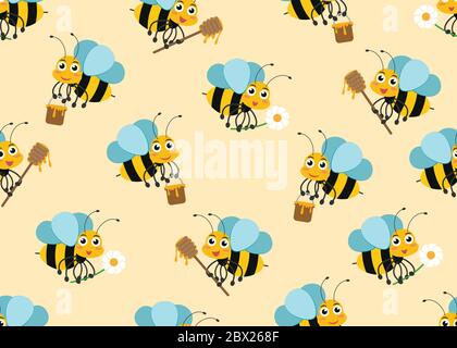 Seamless pattern of cute cartoon bee character mascots on background - Vector illustration Stock Vector