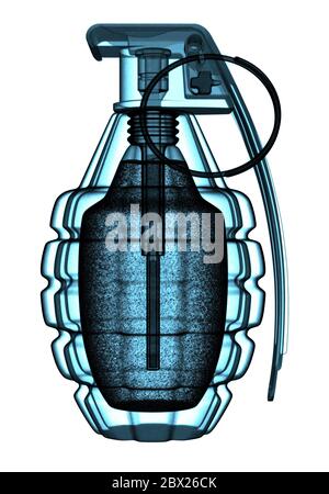 Grenade X ray, explosive, terrorism, security. Plain background. Cut out. Pineappleweapon Stock Photo