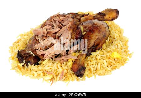Chinese slow cooked duck legs with cherry and hoisin sauce and egg fried rice isolated on a white background Stock Photo