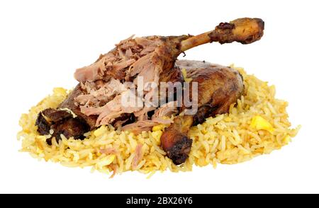 Chinese slow cooked duck legs with cherry and hoisin sauce and egg fried rice isolated on a white background Stock Photo