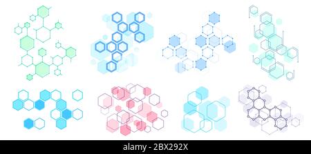Abstract hexagonal structure. Futuristic composition, geometric hexagon network structures and honeycomb vector illustration set Stock Vector